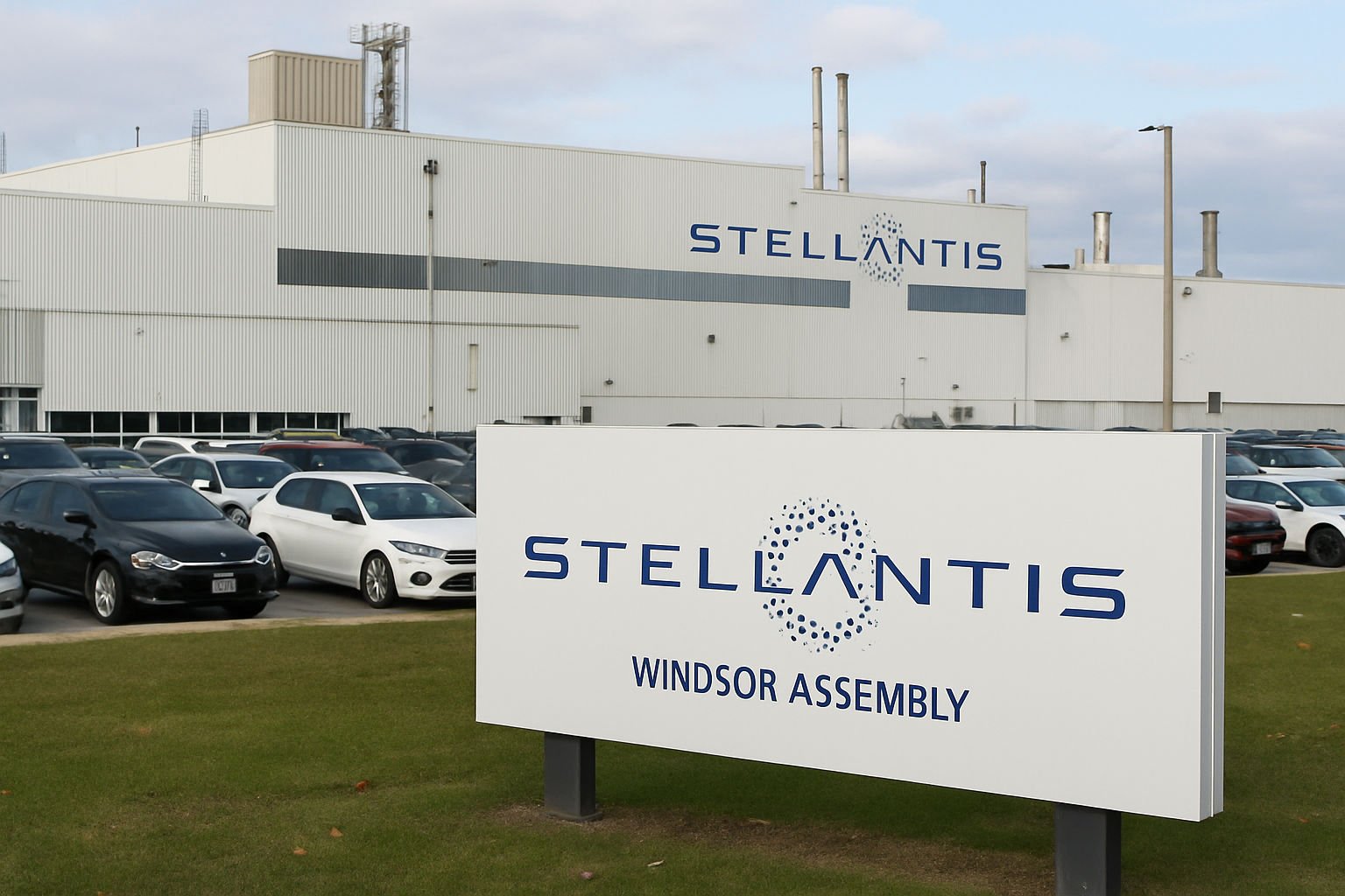 Exterior of Stellantis Windsor Assembly Plant with trucks and workers in foreground